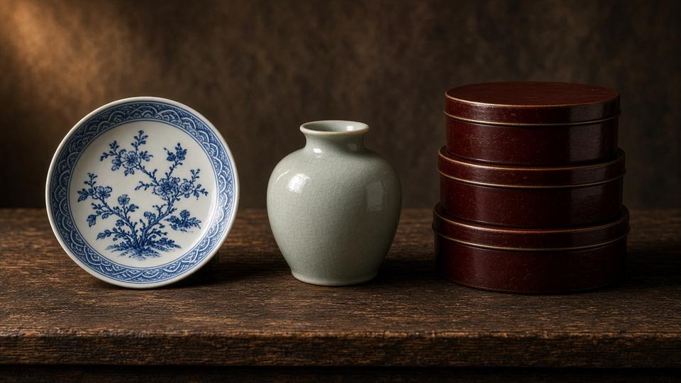 染付皿、青磁の壺、漆器